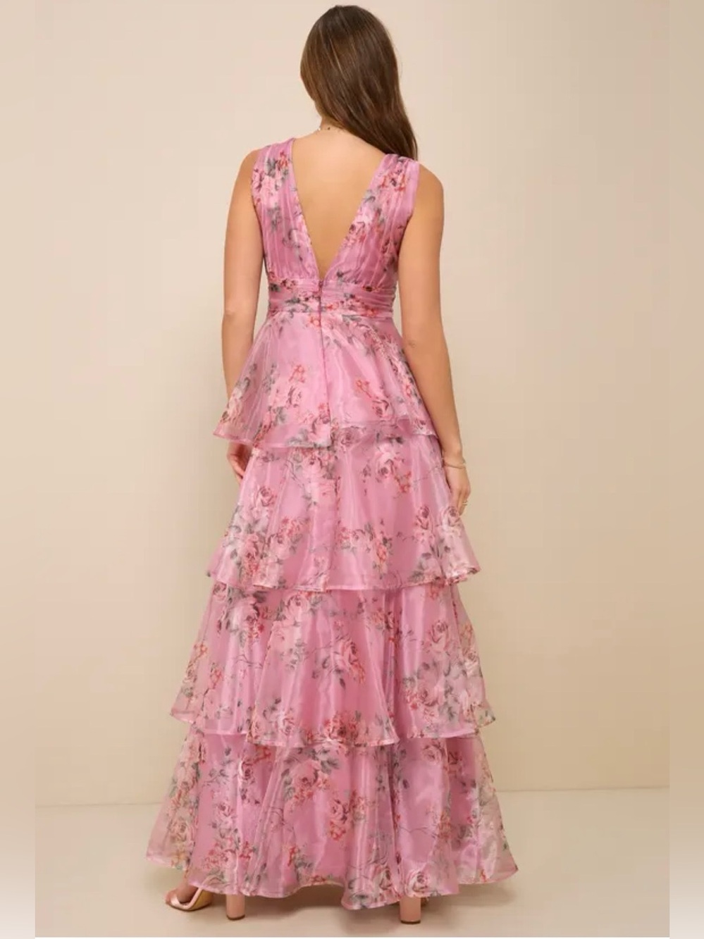 Lulus NWT Garden Radiance Pink Floral Organza Ruffled Maxi Gown M - Picture 3 of 9